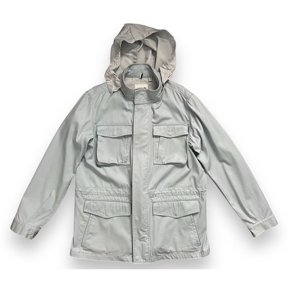 LACOSTE Women's Light Blue Hooded Button Zip Up Cotton Utility Jacket Size Large